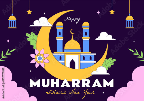Islamic New Year Vector Illustration With Mosque, Crescent, Lantern, and Muharram Celebration Night Scene, Religious Holiday Design