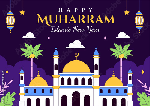 Islamic New Year Vector Illustration With Mosque, Crescent, Lantern, and Muharram Celebration Night Scene, Religious Holiday Design