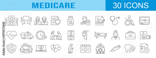 collection of medicare icons, editable stroke.	