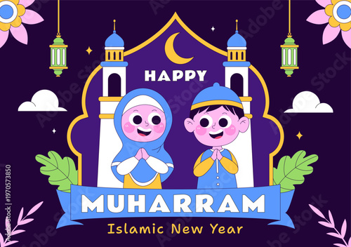 Islamic New Year Vector Illustration With Mosque, Crescent, Lantern, and Muharram Celebration Night Scene, Religious Holiday Design