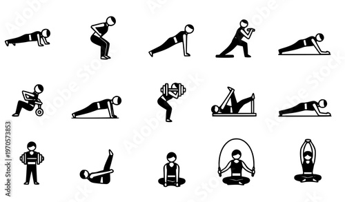 Gym workout exercise icons collection with yoga poses bodyweight training and fitness movements vector