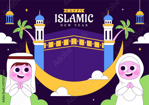 Islamic New Year Vector Illustration With Mosque, Crescent, Lantern, and Muharram Celebration Night Scene, Religious Holiday Design