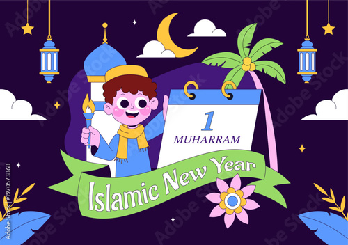 Islamic New Year Vector Illustration With Mosque, Crescent, Lantern, and Muharram Celebration Night Scene, Religious Holiday Design