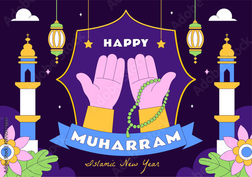 Islamic New Year Vector Illustration With Mosque, Crescent, Lantern, and Muharram Celebration Night Scene, Religious Holiday Design
