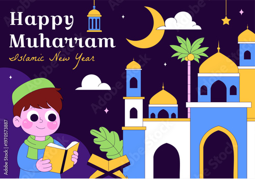 Islamic New Year Vector Illustration With Mosque, Crescent, Lantern, and Muharram Celebration Night Scene, Religious Holiday Design