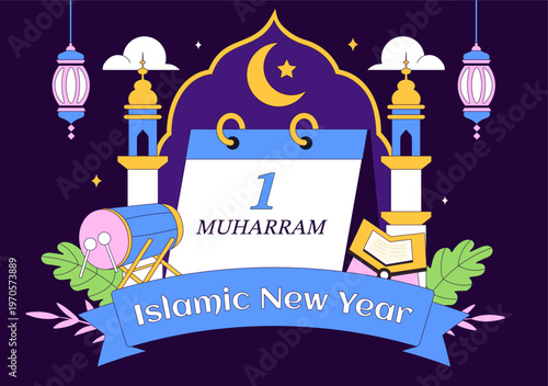 Islamic New Year Vector Illustration With Mosque, Crescent, Lantern, and Muharram Celebration Night Scene, Religious Holiday Design