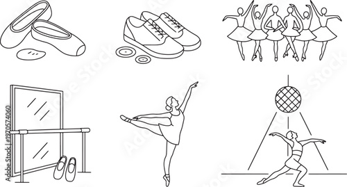 Ballet dancer, ballet shoes, mirror, and barre illustration in line art style