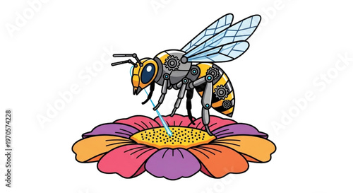 Robotic bee collecting nectar from a vibrant flower, technological insect illustration