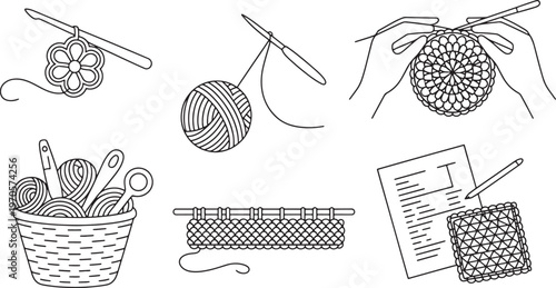 Collection of hand-drawn line art illustrations for crafts and gardening hobbies