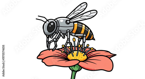 Robotic bee on a pink flower collecting nectar, science and nature fusion illustration