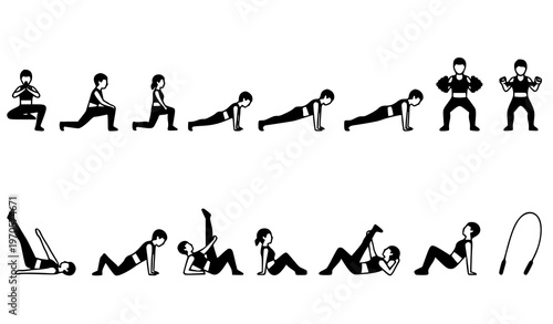 Workout exercise icons set with yoga lunges pushups squats and gym fitness training vector illustration
