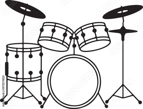 Minimalist Outline Vector Illustration of a Full Professional Percussion Drum Kit Musical Set