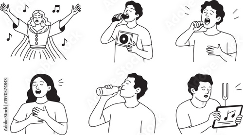 Minimalist Vector Line Art Illustration Set of Diverse People Drinking Coffee and Using Devices