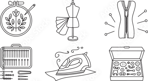 Professional Tailoring and Sewing Line Art Icon Set with Mannequin Iron Zipper and Embroidery