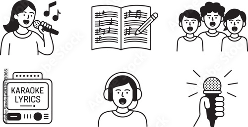 Set of music icons: singing person, sheet music, choir, tape recorder, headphones, microphone
