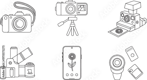 Vector line art illustrations of modern photography, videography equipment, and content creatio