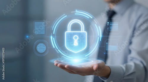 Professional presenting a glowing blue digital padlock, symbolizing robust cyber security, data protection, and privacy in the interconnected technological world