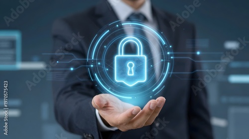 Businessman presenting a luminous digital padlock, symbolizing advanced cyber security, data privacy, and robust online protection technology for business integrity