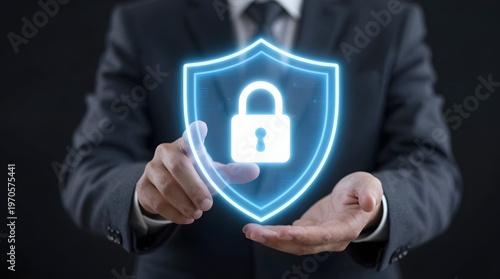 A pair of hands holding a glowing blue shield with a padlock icon, representing cybersecurity, data protection, and digital security concepts