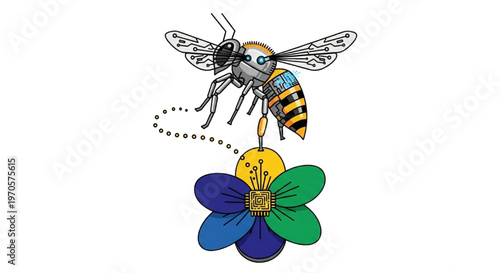 Detailed Steampunk Bee Pollinates a Futuristic Mechanical Blossom, Blending Nature and Advanced Engineering Design