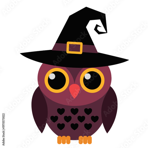 Cute cartoon owl wearing a witch hat, perfect for Halloween-themed designs and playful illustrations