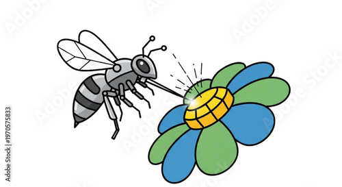 A bee collecting nectar from a colorful flower in a cartoon style illustration