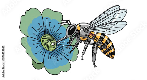 A mechanical bee pollinating a vibrant blue flower with delicate petals and stamens