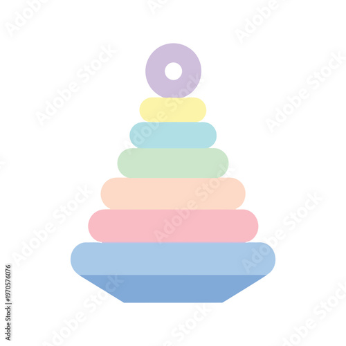Colorful toy pyramid with bright plastic rings stacked in a rainbow tower shape for baby childhood education, isolated on a white background