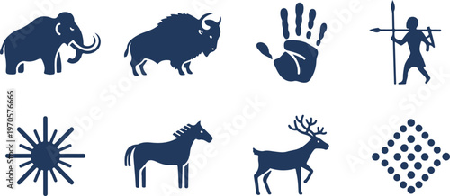 Ancient cave painting style icons featuring prehistoric animals human handprints and symbols isolated on transparent background