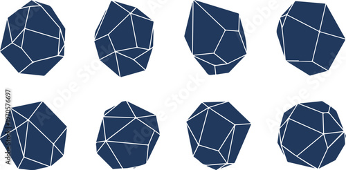 Abstract geometric polyhedron shapes with interconnected triangular faces displayed in various orientations
