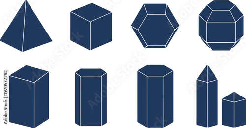 Collection of eight geometric shapes including pyramids cubes and prisms isolated on transparent background
