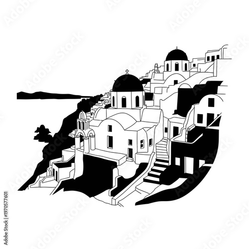Santorini Architecture Silhouette: An iconic monochrome portrayal of Santorini's charming architecture, capturing the idyllic beauty of its whitewashed buildings, churches, and picturesque seascape.
