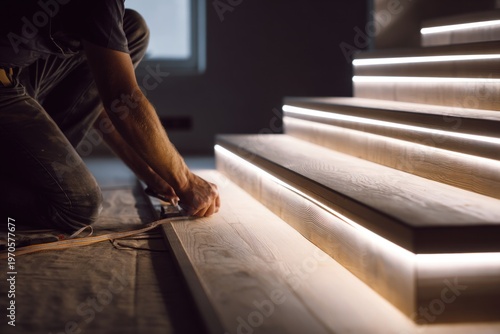 A craftsman installs wooden stairs with integrated lighting, showcasing skill and attention to detail in a modern interior setting.