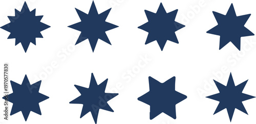 Collection of eight identical stylized starburst shapes arranged in two neat horizontal rows