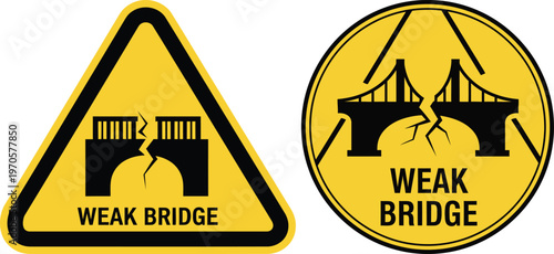Weak bridge warning signs vector illustration set