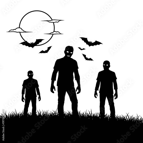 Zombie Silhouette: A spooky scene with zombie silhouettes in the moonlight.