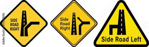 Set of warning road signs indicating side roads