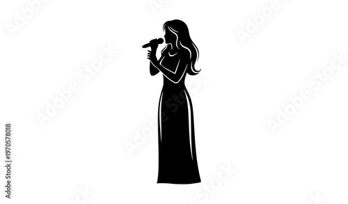 Female singer silhouette with microphone elegant vocal performance isolated on white vector illustration