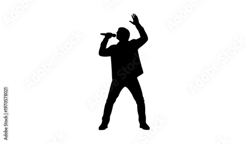 Male singer silhouette performing with microphone isolated on white background minimalist music artist vector