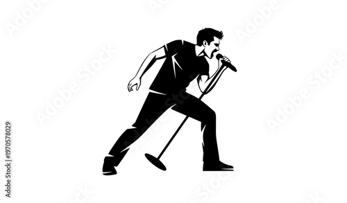 Energetic singer silhouette with microphone stand live concert pose isolated on white background vector