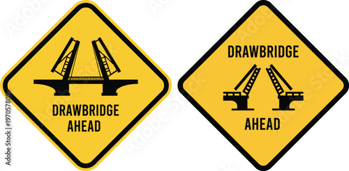 Drawbridge ahead warning signs vector illustration
