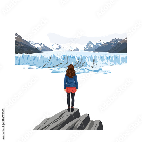 Spectacular Glacier Exploration: A lone adventurer stands in awe before a majestic glacier, contemplating the grandeur of nature's icy marvel.