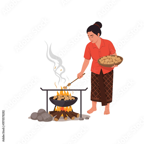 Cooking Delights: A woman prepares a meal over an open flame, with smoke rising, exuding the aroma of a delicious dish. She holds a tray of the food ready to serve.