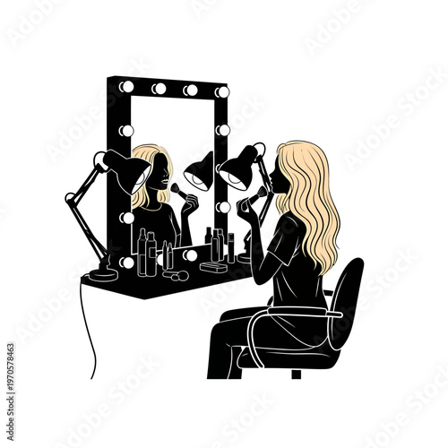 Glamorous Reflections: An artist meticulously applies makeup in front of a mirror, surrounded by an array of cosmetics. The scene captures the beauty, creativity, and self-expression of the craft.