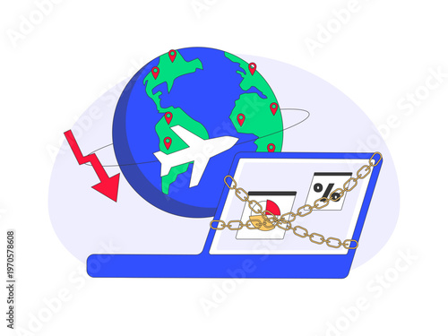 A chained laptop suggests restrictions, security issues, or blocked access to travel data. Trade war illustrations. Flat vector concepts.