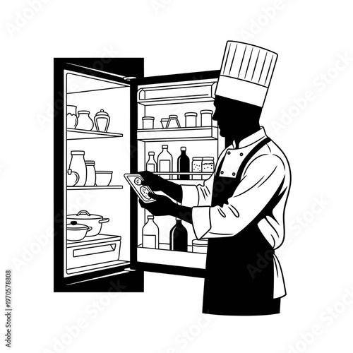 Culinary Inventory Check: A chef diligently examines inventory within an open refrigerator, embodying culinary precision and preparation, showcasing dedication to the craft.