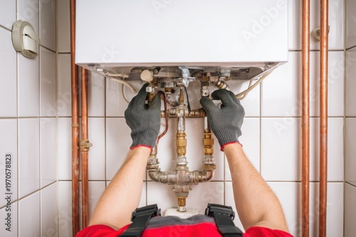 A technician works on plumbing pipes and fittings, adjusting connections under a water heater in a tiled room.