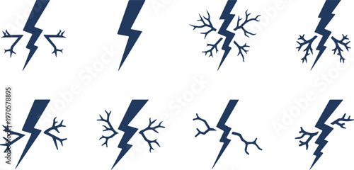 Collection of lightning bolt icons striking tree branch symbols in various styles isolated on transparent background