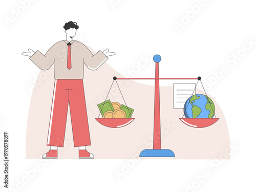 Fényképezés Illustration of the global economy and trade balance, showing a person weighing between financial gain and international impact