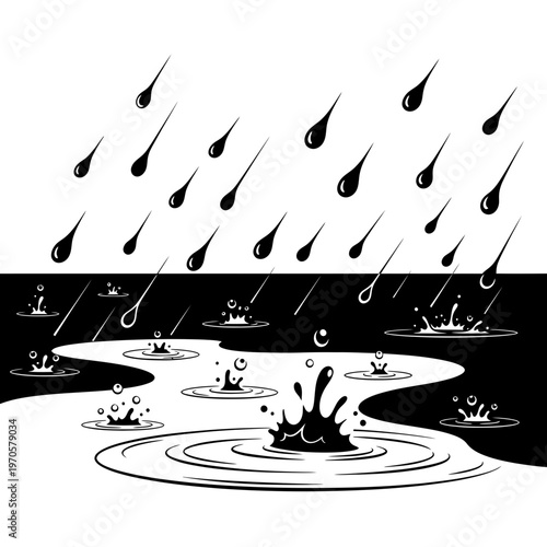 Raindrop Impact: A monochrome illustration of rain, illustrating the impact of raindrops as they splash into a body of water, creating ripples and dynamic visual effects.